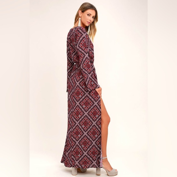 LULUS | Boho Burgundy Print dress | size Large - Picture 3 of 14